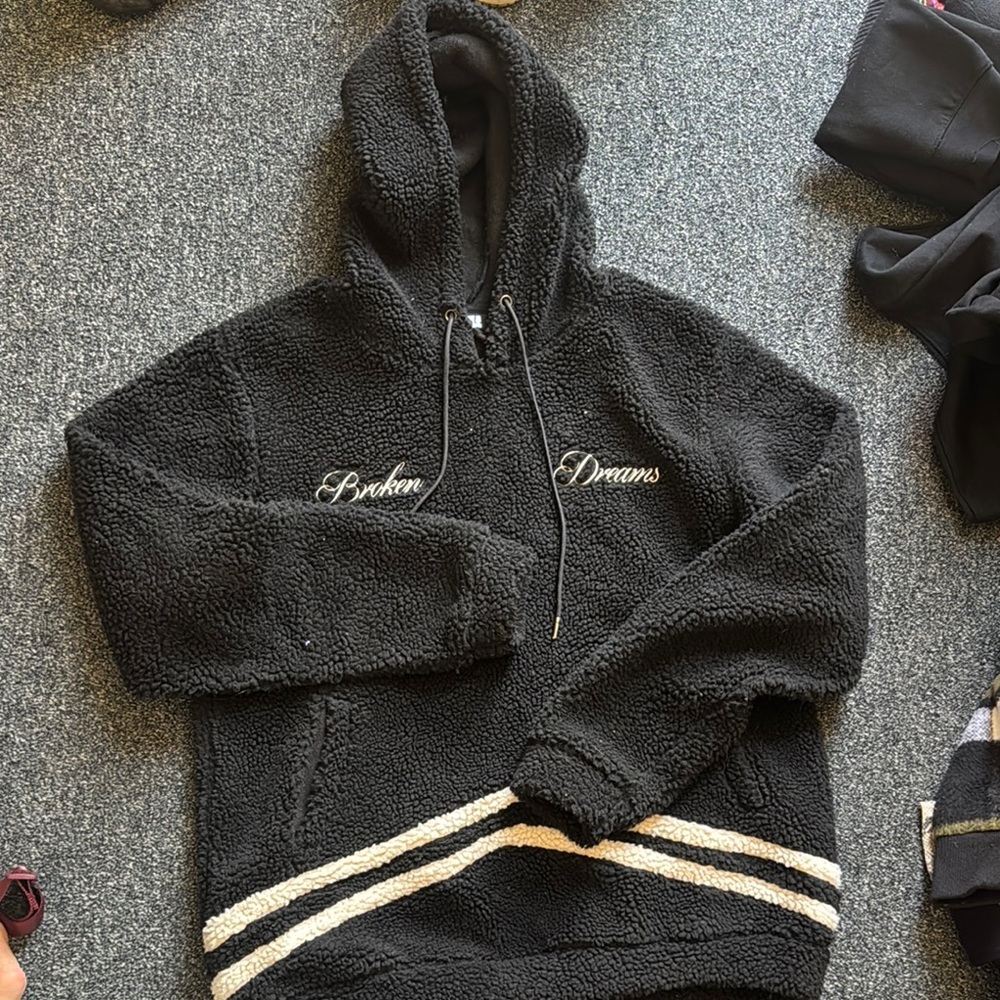 Black Sherpa Hoodie Sweater with Ribbed Trim